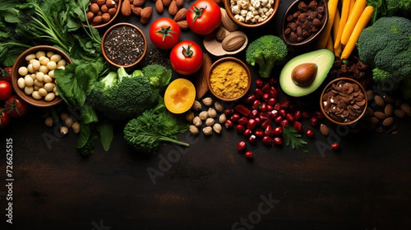 Fototapeta Healthy plant based food, foods for lowering cholesterol, portfolio diet products, top view copy space