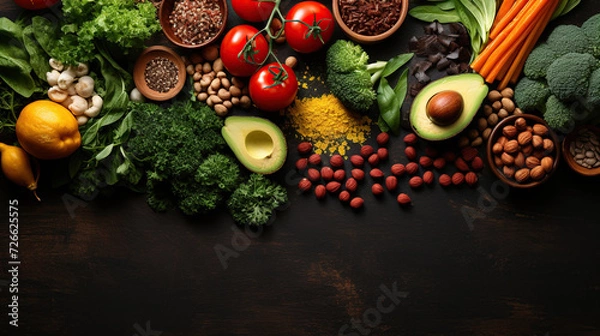 Fototapeta Healthy plant based food, foods for lowering cholesterol, portfolio diet products, top view copy space