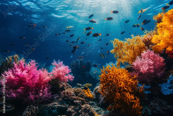 Fototapeta Underwater coral reef background, a vibrant and underwater scene featuring a coral reef with colorful marine life.