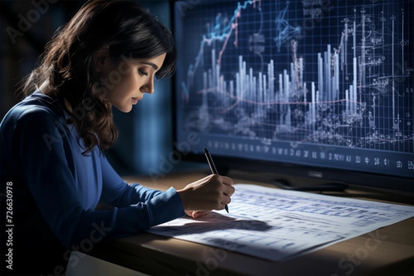 Fototapeta Efficiency meets aesthetics as a woman meticulously updates a spreadsheet—light silver and navy tones, sharp perspectives, and botanical accuracy add a touch of elegance to the task.