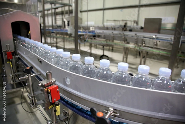 Fototapeta Drinking water bottle on a factory production conveyor belt line