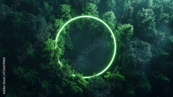 Obraz Top view, a glowing neon green circle in the middle of a dense forest