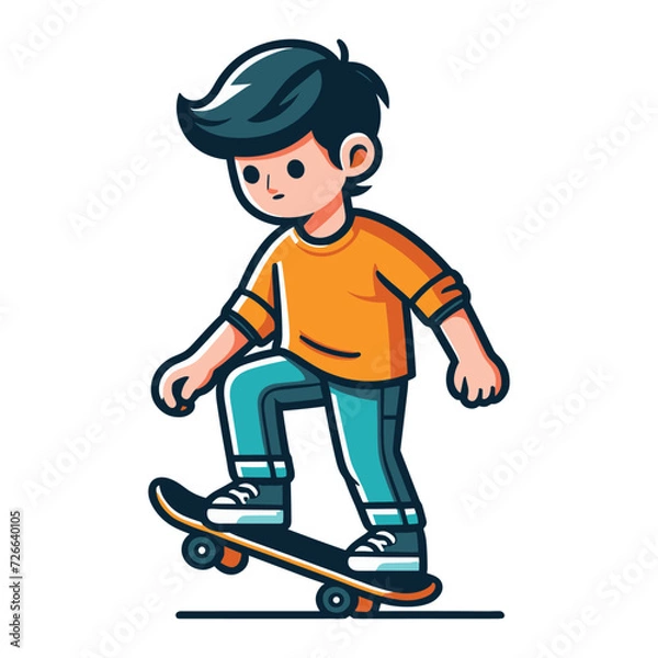Fototapeta happy cute little kid boy playing skateboard vector illustration, boy skater design template isolated on white background