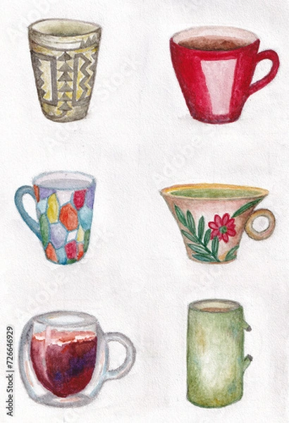 Fototapeta Watercolor sketch of different cups. Dishes for different drinks. A metaphorical card for associative work with a psychologist. Mugs for tea and coffee on light background.