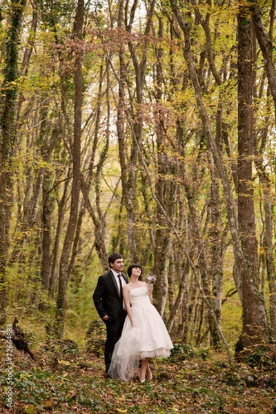 Fototapeta happy bride and groom walking in the autumn forest