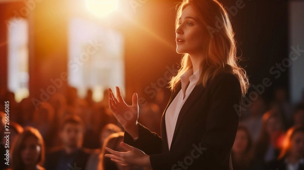 Obraz Business woman speaking and presenting with giving a dynamic confidently to a diverse audience and captivating them with her confident demeanor.
