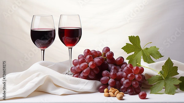 Fototapeta - 2 bunches of red grapes with two glasses of wine, white salvo, generative AI