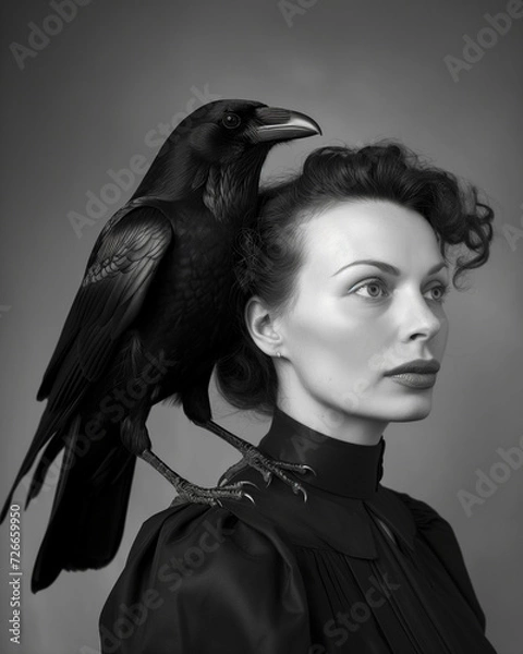 Obraz Grainy 1950's style B&W fashion portrait of a model with a crow on her shoulder. Dynamic cropping and composition. Intimate feeling and trust.