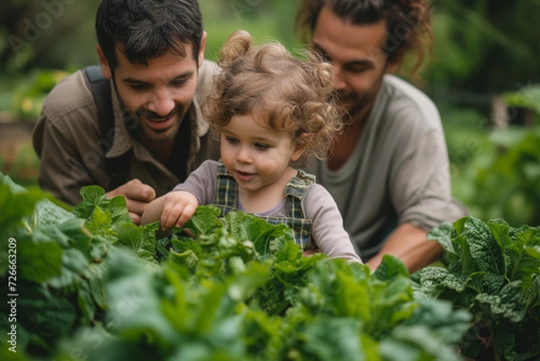 Fototapeta Child with her two LGBT fathers in the midst of their lush backyard garden, gathering vegetables, symbolizing a commitment to sustainability and the nurturing environment of diverse families