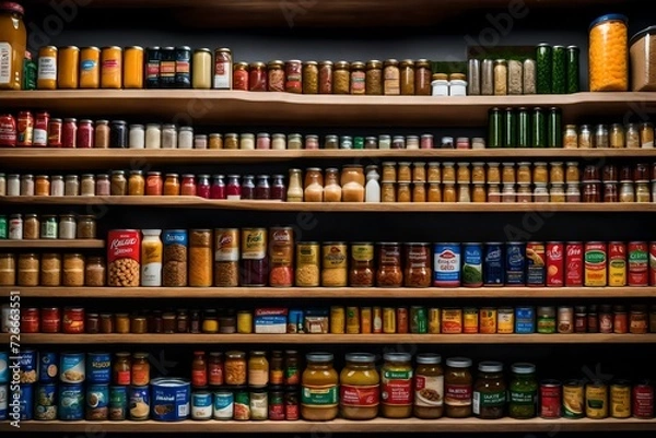 Obraz A close-up of a shelf with neatly organized canned products and pantry basics