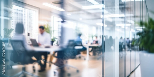 Fototapeta Blurred office with people working behind glass wall