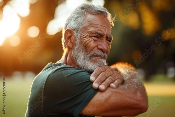 Obraz A confident man stands outdoors, his arms crossed and face adorned with a rugged beard and subtle wrinkles, exuding strength and determination through his stance and clothing