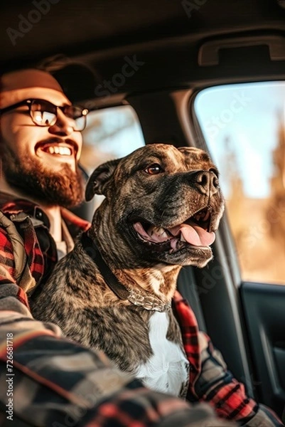 Fototapeta  Handsome man with his dog in the car. Adventures await with my dapper doggo.
