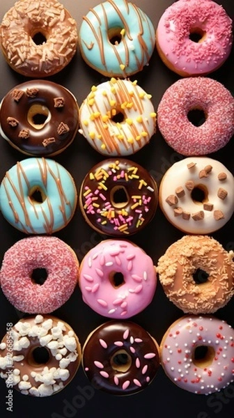 Fototapeta Donuts delicious 3D close up, decorated background, ultra realistic donut, icon, detailed. Grocery product advertising, menu.