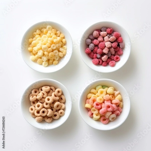 Obraz Breakfast Cereal Bowl Set, Healthy Meal preparation. Flakes cereal for menu, advert or package, close up, isolated on white background. Top view