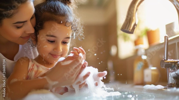 Fototapeta Personal Hygiene and Self-Care Routines: Parents guiding children through daily routines of personal hygiene and self-care, teaching responsibility for personal health