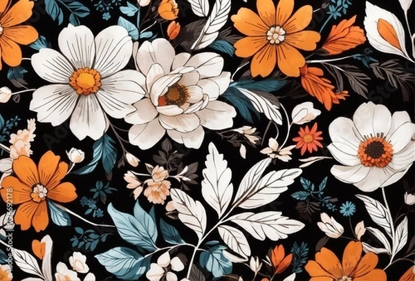 Fototapeta seamless patterns boho summer flowers white background