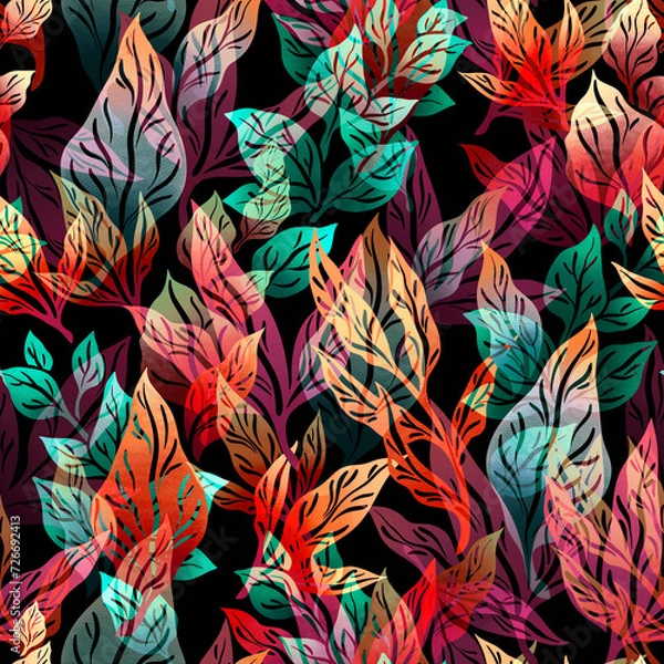 Fototapeta Stylized abstract seamless pattern with leaves and branches for fabric design, packaging and wallpaper.