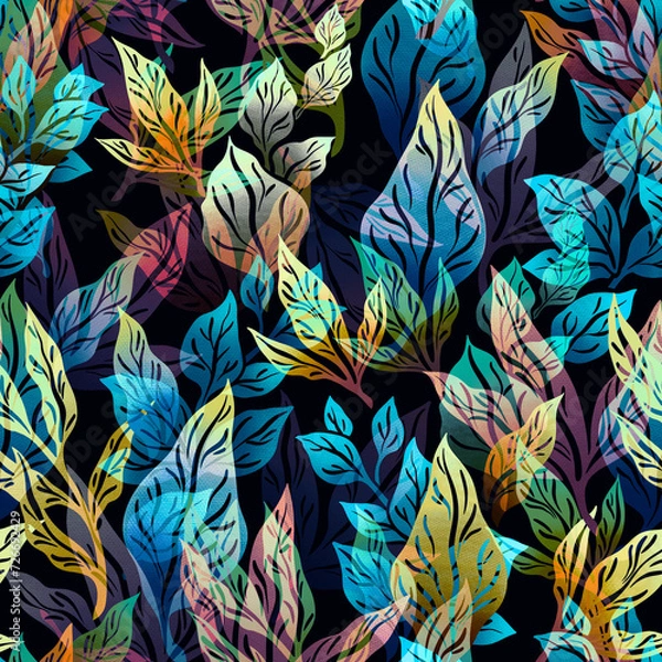 Fototapeta Stylized abstract seamless pattern with leaves and branches for fabric design, packaging and wallpaper.