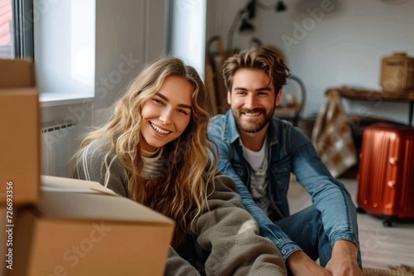 Obraz A smiling man and woman sit on the floor in a cozy indoor space, their faces radiating warmth as they lean against a textured wall, surrounded by scattered furniture and stylish clothing