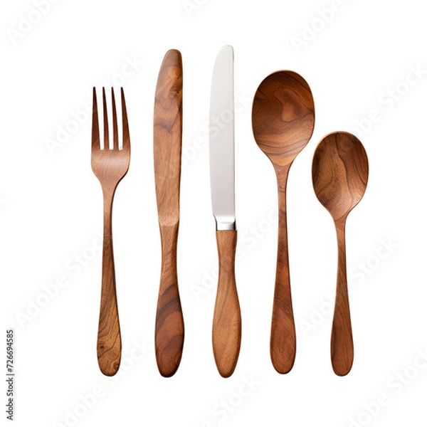 Fototapeta Artwork Design Mockup: Wooden Spoon, Fork, Knife in Cutlery Set, Isolated on Transparent Background, PNG