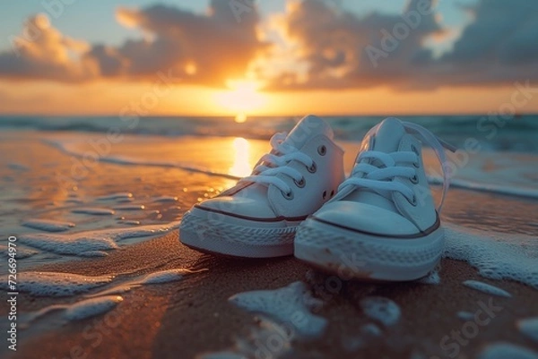 Fototapeta As the sun rises over the tranquil beach, a pair of pristine white sneakers rest on the warm sand, inviting the viewer to step into the endless possibilities of the day ahead
