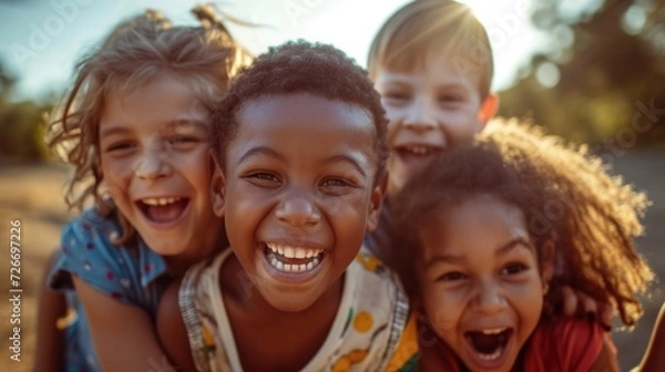 Fototapeta group of multiracial children outside having fun on a sunny day