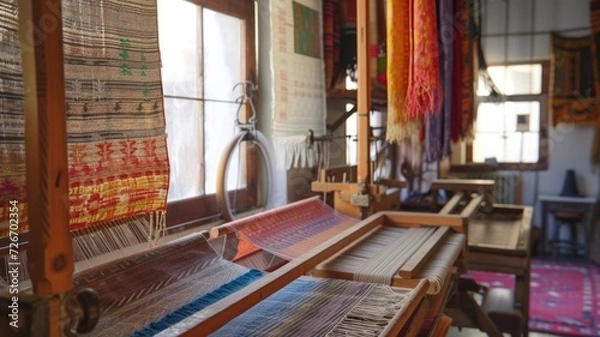 Fototapeta Vintage loom machines in action, weaving intricate patterns for Loomis Day celebrations