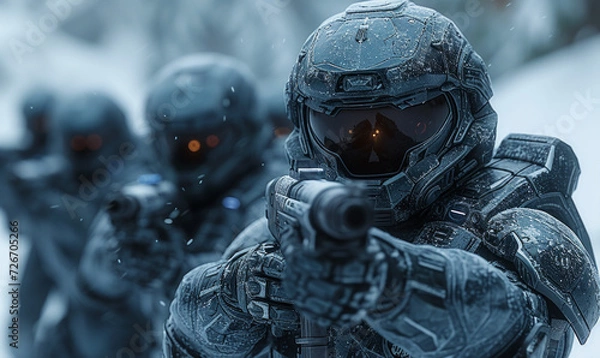Fototapeta Elite squad of soldiers in uniform with weapons in their hands and in the snow. Snowfall.