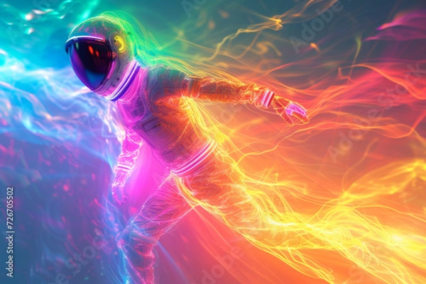 Fototapeta Astronaut in Vibrant Outer Space.
A colourful astronaut floating in vibrant, abstract cosmic energy flows.