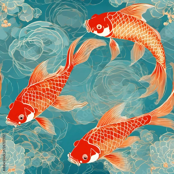 Fototapeta Illustration decorative red koi fish on a turquoise background Japanese abstract fish. Marine life. Sea and ocean 