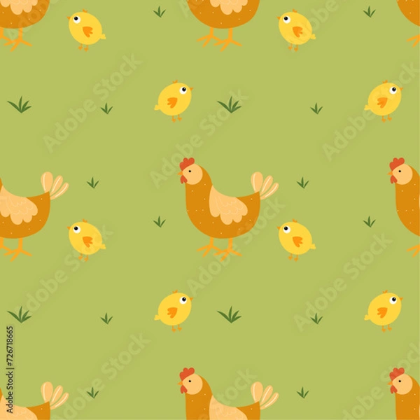 Fototapeta Seamless pattern with chicken, hen and chick on green background. Spring, summer motif. Vector illustration, cartoon, flat style.