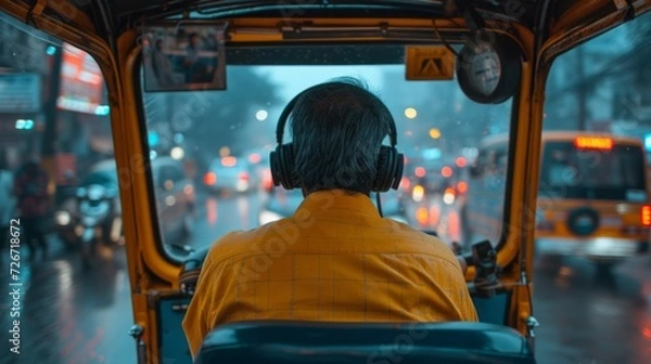 Fototapeta view from inside a rickshaw man driver on the road, rain

