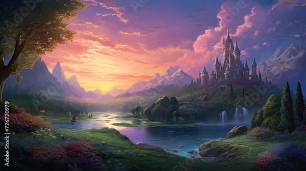 Obraz sunset,fantasy landscape, generative AI