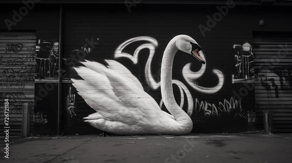 Fototapeta Swan in Stark Contrast with Graffiti Wall in Urban Setting