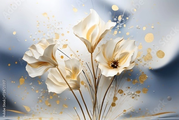 Fototapeta White freesia flowers on abstract background. Invitation or greeting card background.
