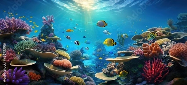 Obraz Colorful corals and exotic fish, underwater coral reef panoramic background, marine life ecosystem wallpaper illustration Generative AI