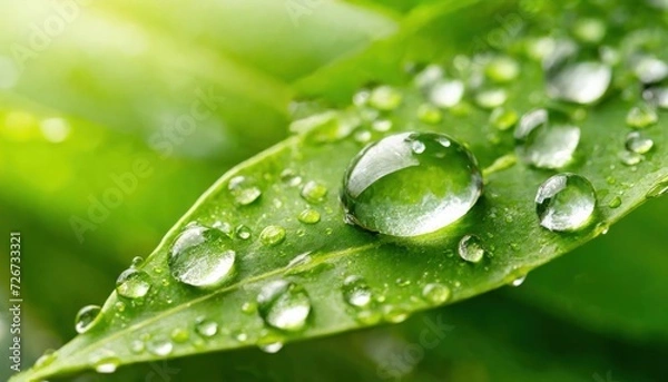 Fototapeta Large beautiful drops of transparent rain water on a green leaf macro. Drops of dew in the morning glow in the sun. Beautiful leaf texture in nature. Natural background.