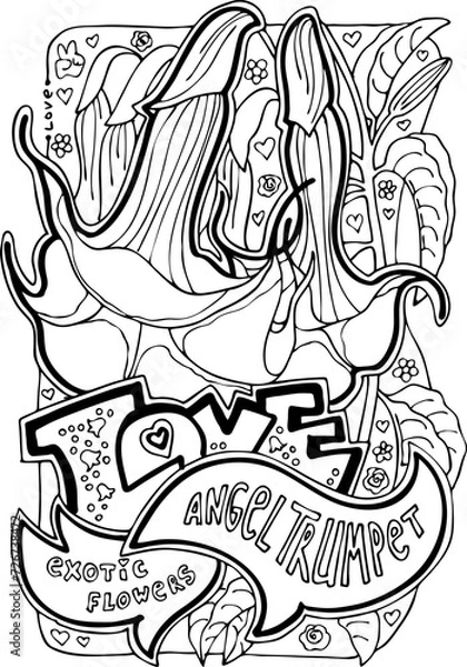 Fototapeta Exotic flowers colouring book vector pages collection for relaxation and anti stress. Hobby for adults and kids. Tropical holiday, beautiful botany garden theme. Hand drawn line style illustration.