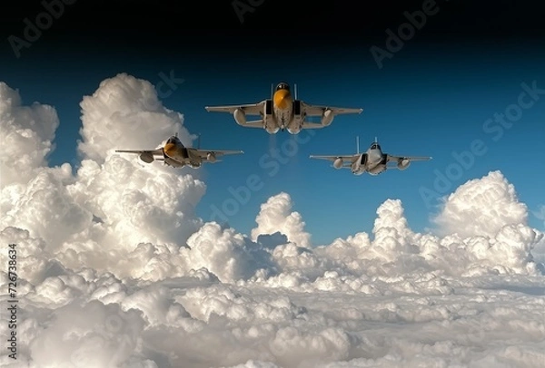 Fototapeta Amidst the billowy clouds, a fleet of sleek aircrafts soar through the vast expanse of the open sky, their powerful engines propelling them towards their destinations in a dazzling display of modern 