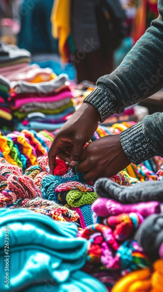 Obraz Selecting Knitted Clothes at thrift store