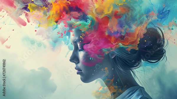 Fototapeta double exposure lady in colorful smoke portrait, generative ai