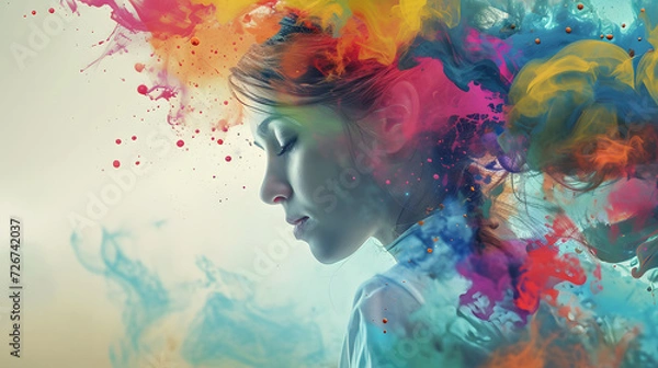 Fototapeta double exposure lady in colorful smoke portrait, generative ai