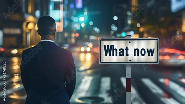 Fototapeta Confused man standing at crossroad with  what now  signpost, uncertain about future direction