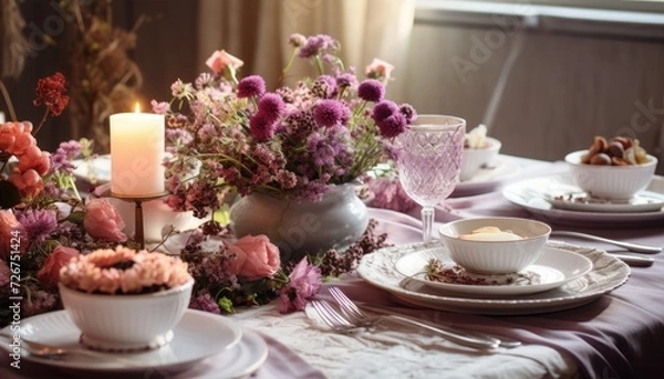 Fototapeta  a close up of a table with plates and cups with flowers on it and a lit candle in the middle of the table.