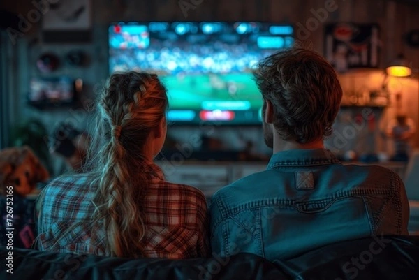 Fototapeta A couple clad in casual clothing gazes intently at the screen, their faces mirroring the emotions of the bustling street scene playing out before them