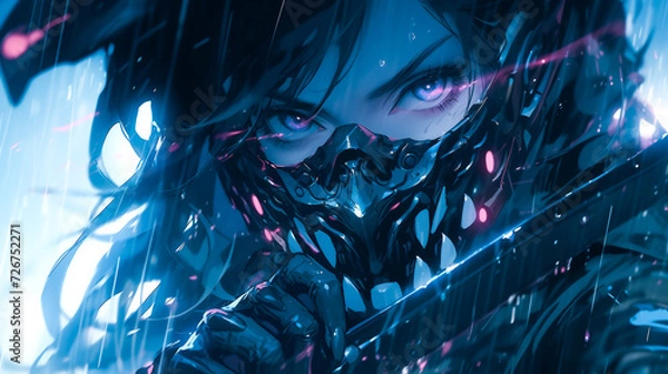 Fototapeta Menacing cyberpunk anime character, fierce warrior in a gritty urban cyberpunk setting with heavy rain.