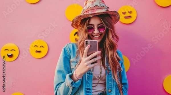 Fototapeta Smiling woman looking at smartphone on pink backdrop with emoji – ideal for social media and tech themes
