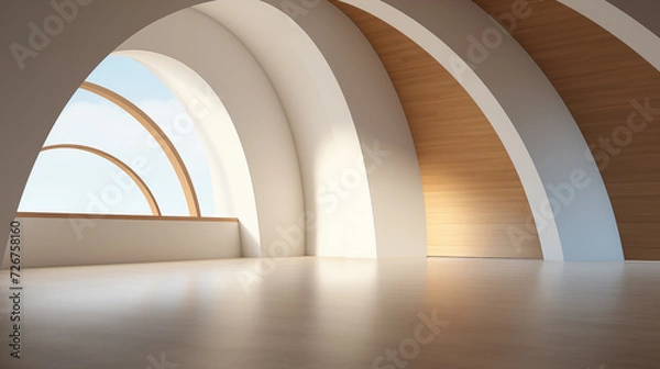 Fototapeta Sleek beige archway arch window background image. Empty spacious room photo backdrop. Open space interior desktop wallpaper picture. Light and airy concept photography indoors scene