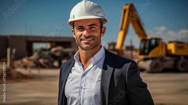 Fototapeta Portrait of a contractor or architect wearing a formal suit with a white hard hat in the middle of a construction site with an excavator in the background. Image with copy space. Generative AI